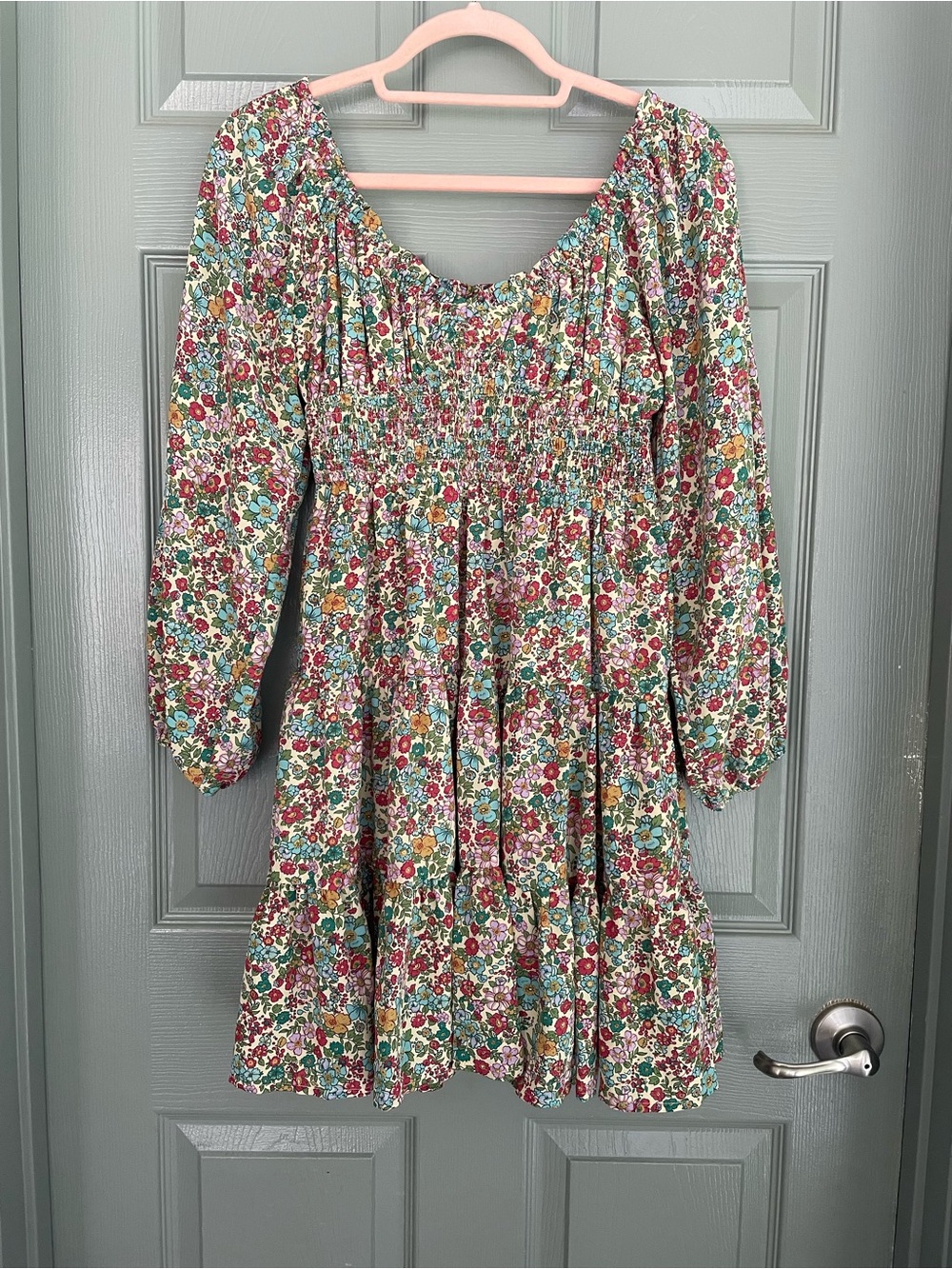 entro Floral Smocked Tiered Mini Dress - Boho Bohemian Puff Sleeves